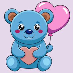 Obraz premium Cute cartoon blue teddy bear, holding pink heart, large pink balloon, kawaii style