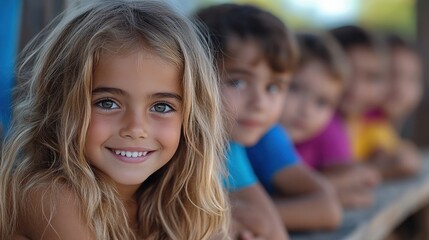 Obraz premium A joyful young girl with wavy hair smiles brightly, surrounded by her friends, capturing the essence of childhood happiness and companionship in a sunny outdoor setting.