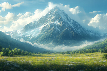 Fototapeta premium Majestic Snowcapped Mountain Overlooking Verdant Valley Meadow