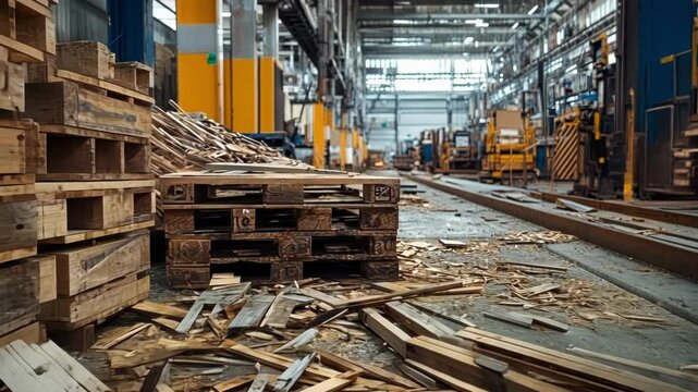 A section of the factory floor where wooden pallets are being disassembled with splinters and pieces visible emphasizing the practice of reusing materials rather than discarding them.