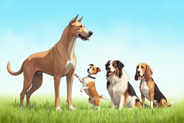 Illustration of four dogs of different breeds interacting in a grassy field, playful and friendly atmosphere, bright blue sky background