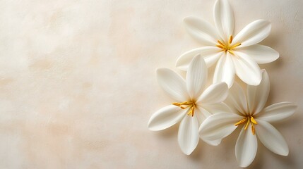 Fototapeta premium Elegant white gardenias on beige background; perfect for wedding invitations or spa promotions