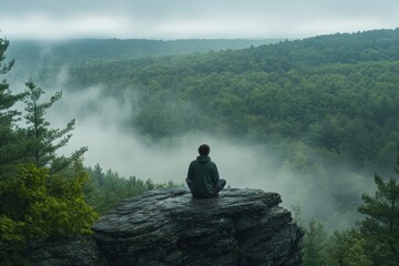 Young person sitting on a rock overlooking a misty forest valley during a tranquil morning