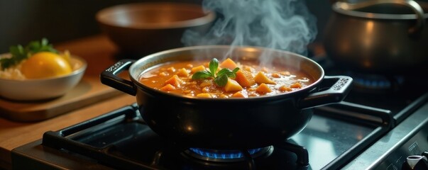 Savory soup simmering on the stovetop with steam rising, vapor, utensil