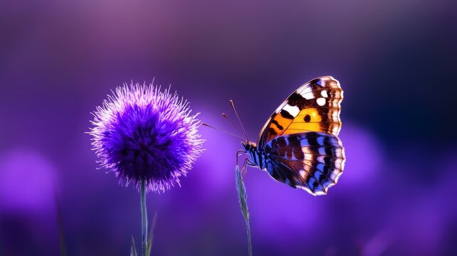 Colorful butterfly perched on a vibrant purple flower in a serene garden setting at sunset