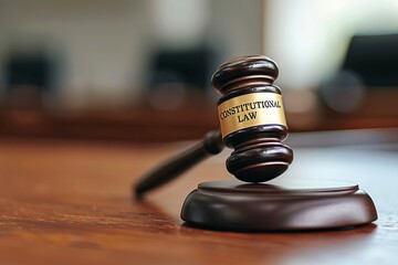 A wooden gavel with a label reading 'Constitutional Law,' symbolizing justice and legal authority. constitutional law