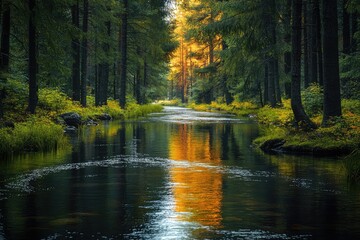 A peaceful river winding through a forest of tall, ancient trees, the water reflecting the rich colors of the surrounding foliage