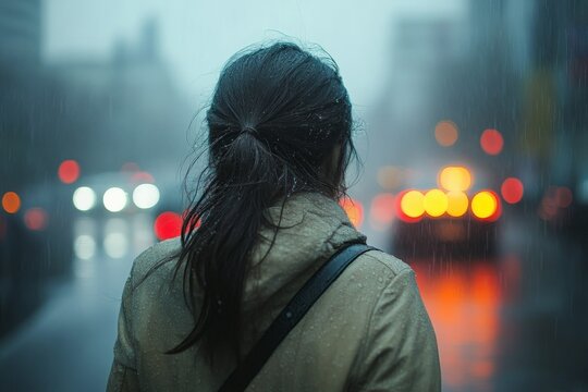 Rainy city evening with a woman waiting amidst traffic and blurred lights