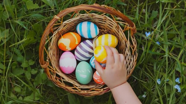 kids looking for easter eggs in the park. easter eggs hunt. Children's hand with baskets and painted Easter eggs. the concept of family fun at Easter. Easter egg hunt