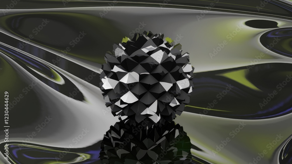 Poster abstract 3d rendering of a black and white geometric sphere on a dark, fluid background.