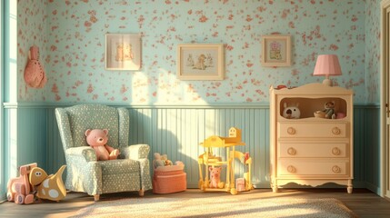 Sunlit Vintage Childrens Room Decorated With Toys