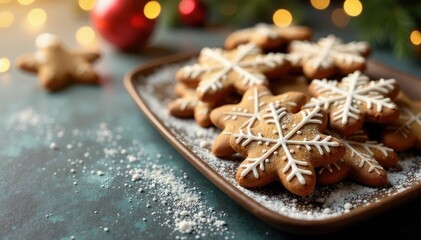 Sparkling snowflakes adorn a tray of warm gingerbread cookies, sweet, cookies