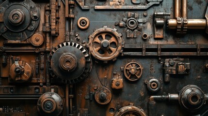 A close-up of a futuristic machine wall composed of industrial cyberpunk elements, rich in intricate details