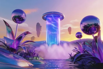 Gardinen Surreal alien landscape with vibrant purple flora, a glowing blue portal, and metallic orbs under a sunset sky. © Vibudhaart