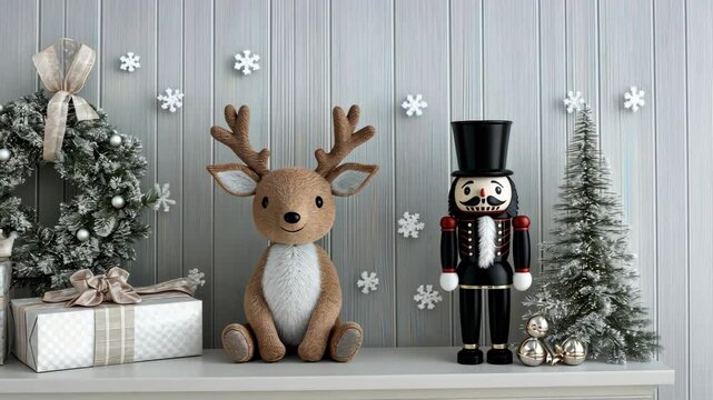 A cheerful mantel arrangement showcases a reindeer plush and a nutcracker against a winter backdrop with decorations and presents