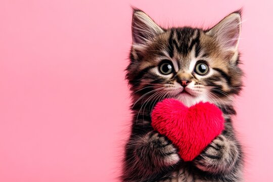 Siberian - my beloved cat. Cute siberian kitty with fluffy red heart - emblem of love, funny greeting card. Ad conceptual art concept art. Cute heart animal photo. Red theme cat. Fluffy cat.