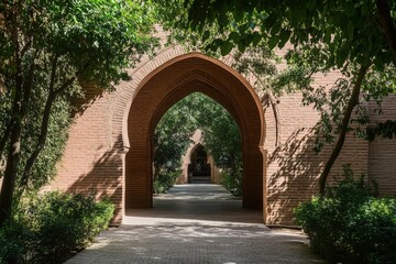 Obraz premium Discovering the stunning archways and lush, vibrant greenery within a peaceful garden oasis during the serene midday hours