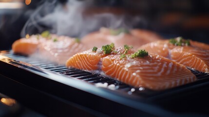 A close-up of salmon fillets sizzling on an electric grill, highlighting the mouthwatering cooking process