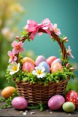 Spring blooms and fresh flowers surround a decorated Easter basket filled with treats, colors, spring, garden