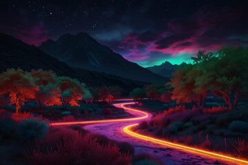 fantastic neon colors lights on mind blowing hills landscape, fantasy tech world related futuristic landscape