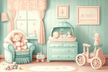 A charming pastel nursery with adorable stuffed animals