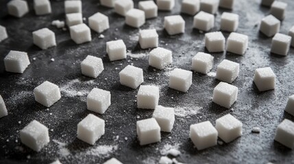 A close-up shot of numerous sugar cubes scattered across a grey table, capturing their fine texture and detail