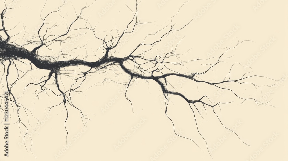 Poster abstract black ink drawing of a large branching structure resembling roots or veins on a pale backgr