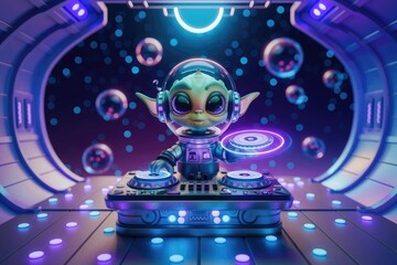 Adorable alien DJ spins tunes in a futuristic spaceship, surrounded by glowing orbs.