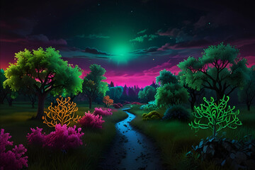 neon multi colors lights on mind blowing tropical forest at night, tech world related futuristic landscape