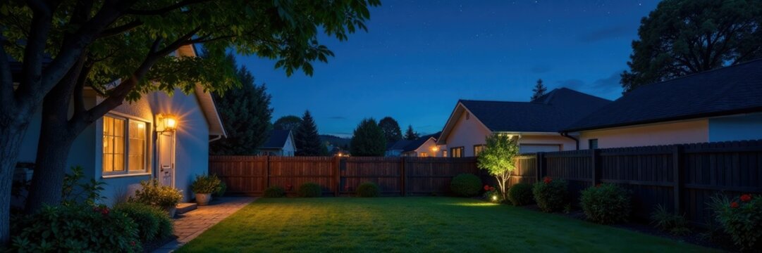 Suburban backyard with clear starry night sky and minimal streetlights, serene, peaceful