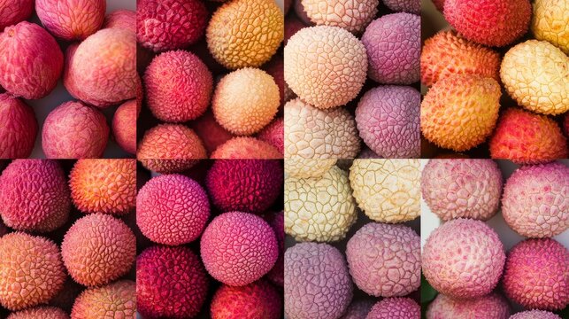 A cluster of fresh lychees arranged against a clean white background, highlighting their vibrant texture and color