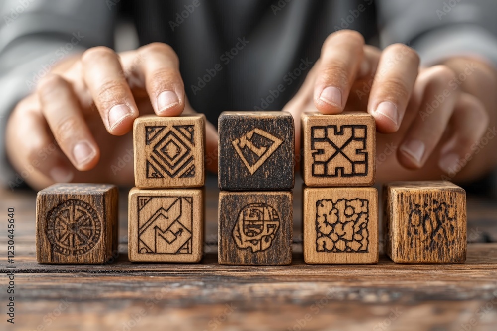 Poster Creative arrangement of wooden blocks with intricate designs on a rustic table during a casual crafting session