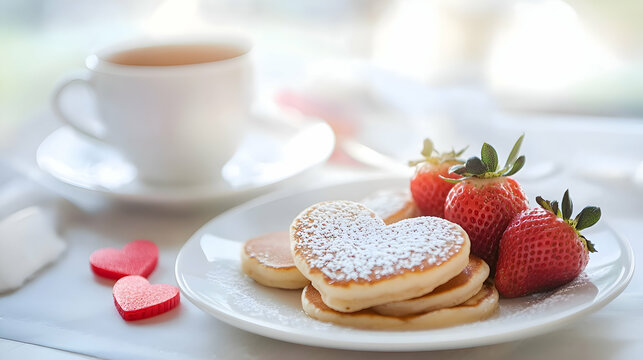 A beautifully set Valentine's Day breakfast table with heart-shaped pancakes, fresh strawberries, and a cup of coffee