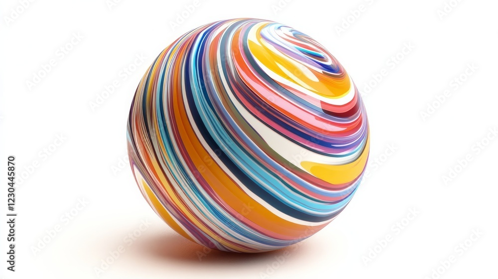 Poster a colorful 3d-rendered striped sphere, offering a dynamic visual element for modern designs
