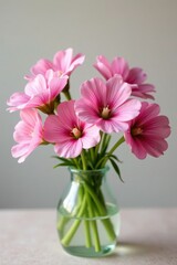 Fototapeta premium A bouquet of fresh pink mallow flowers in a vase, pink flowers, garden blossoms, pink mallow