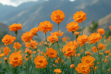 Obraz premium Vibrant Orange Cosmos Flowers Bloom Against Mountain Background