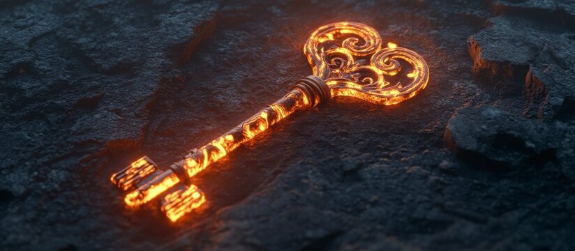 Glowing Ancient Key on Dark Rock Surface - Fantasy Key