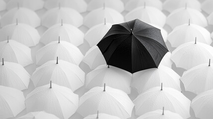 Lone black umbrella among white umbrellas, symbolizing individuality and defiance in high-contrast fine art photography