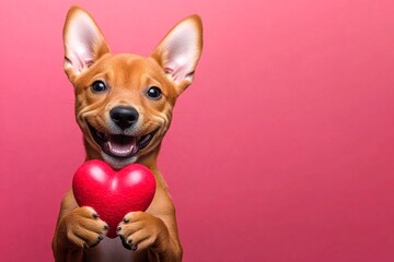 Obraz premium Cute basenji hound with furry friend toy red heart - emblem of love, funny greeting card. Basenji - my desired dog. Promotion idea graphic concept art. Valentine's adorable furry friends.