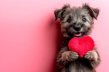 Irish wolfhound - my beloved dog. Cute irish wolfhound dog with fluffy red heart - emblem of love, funny greeting card. Ad campaign visual idea. Adorable valentine's day themes. Love concept.