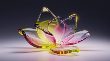 A vibrant glass flower, delicately crafted with pink and yellow hues, showcases intricate details and captivating light reflections.