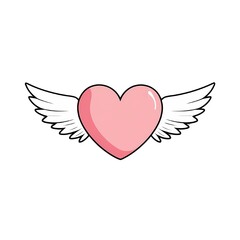 A glossy pink heart with white angel wings is symmetrically spread against a plain white background, symbolizing love, freedom, and purity in a simple and elegant illustration.
