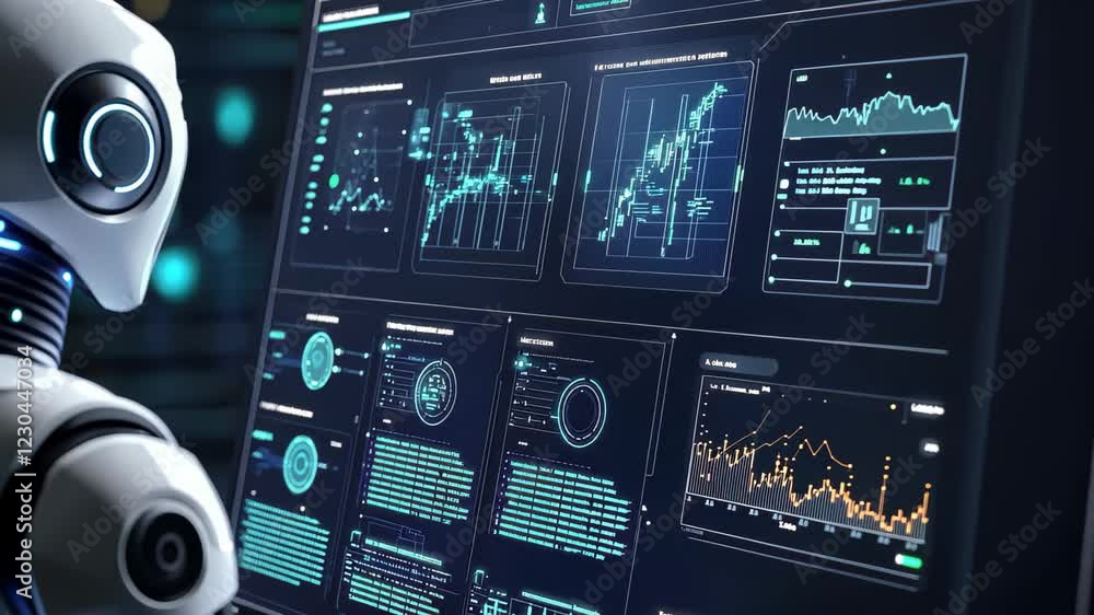 Poster high tech dashboard showcasing ai communication features and analytics in modern interface, ai robot