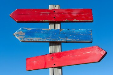 bright red and blue signpost guiding customers in a clear sky. generative ai