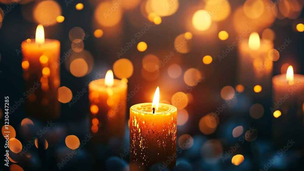 Poster warm glow of multiple burning candles creating a serene ambiance with blurred bokeh background, blur