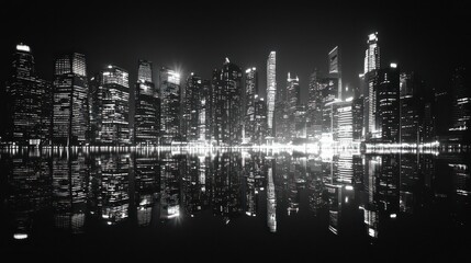 A black and white nighttime cityscape with building reflections on water