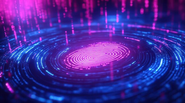 glowing neon cybersecurity interface with floating fingerprint hologram digital protection visualization deep blue and purple tech background