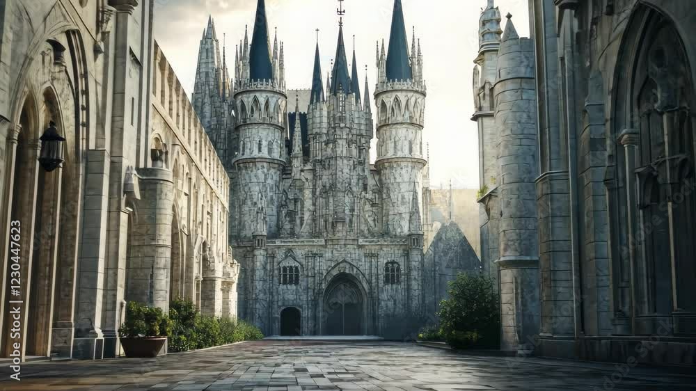 Poster expansive castle courtyard showcasing towering spires and intricate architecture in a serene setting