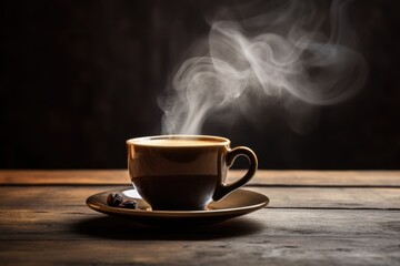 Fototapeta premium Close-Up of Steaming Mug of Aromatic American Beverage on Rustic Vintage Table Background - Perfect Breakfast Early Morning Hot Drink