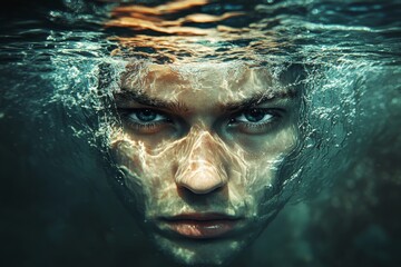 Intense underwater portrait of a person with striking eyes and mesmerizing water reflections captured in a serene setting